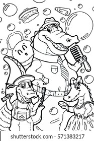 Crocodile Dad with kids, coloring book. Vector black lineart illustration on white background