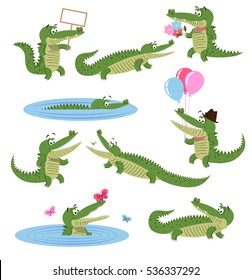 Crocodile daily activities set. Funny predator in cartoon style. Cheerful green alligator swim, with flowers, balloons, in hat, play with butterfly. Scary crocodiles isolated on white background.