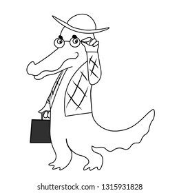 Crocodile dandy in trendy glass and fashion suit critic looks at you. Vector hand drawing black sketch image.