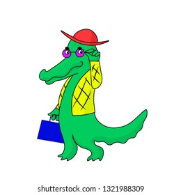 Crocodile dandy in trendy glass and fashion suit with briefcase critic looks at you. Vector hand drawing cartoon image.