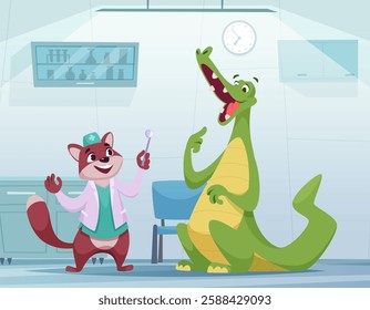 Crocodile at dentist. animal complaints of toothache. medical conceptual cartoon illustration