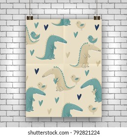 Crocodile design, vector concept with birds and hearts
