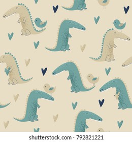 Crocodile design, vector seamless pattern with birds and hearts