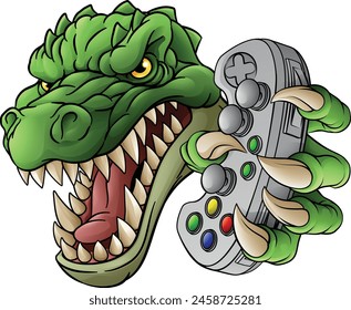 A crocodile, dinosaur or alligator lizard gamer sports video game gaming mascot holding a games controller