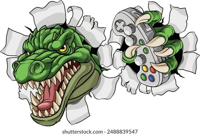 A crocodile, dinosaur or alligator lizard gamer sports video game gaming mascot holding a games controller