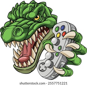 A crocodile, dinosaur or alligator lizard gamer sports video game gaming mascot holding a games controller