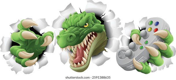 A crocodile, dinosaur or alligator lizard gamer sports video game gaming mascot holding a games controller