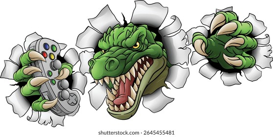 Um crocodilo, dinossauro ou jacaré lagarto gamer esportes mascote de jogos de videogame segurando um controlador de jogos
