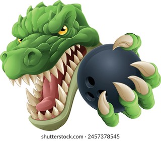 A crocodile, dinosaur or alligator lizard sports mascot holding a bowling ball