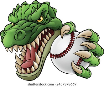 A crocodile, dinosaur or alligator lizard sports mascot holding a baseball ball 