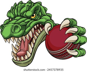 A crocodile, dinosaur or alligator lizard sports mascot holding a cricket ball