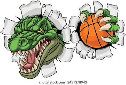 A crocodile, dinosaur or alligator lizard sports mascot holding a basketball ball