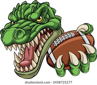 A crocodile, dinosaur or alligator lizard sports mascot holding an American football ball