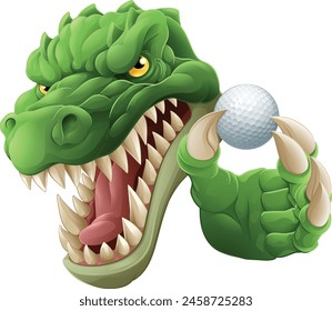 A crocodile, dinosaur or alligator lizard sports mascot holding a golf ball