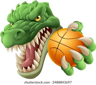 A crocodile, dinosaur or alligator lizard sports mascot holding a basketball ball