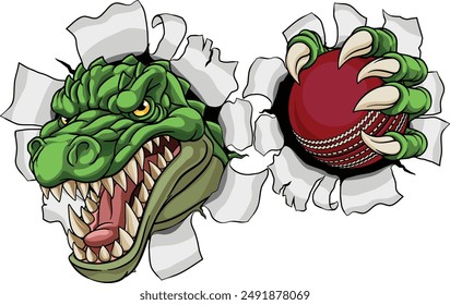 A crocodile, dinosaur or alligator lizard sports mascot holding a cricket ball