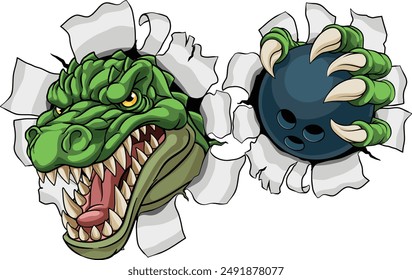 A crocodile, dinosaur or alligator lizard sports mascot holding a bowling ball