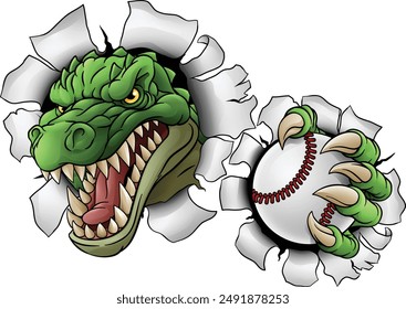 A crocodile, dinosaur or alligator lizard sports mascot holding a baseball ball 