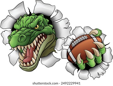 A crocodile, dinosaur or alligator lizard sports mascot holding an American football ball