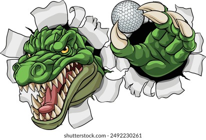 A crocodile, dinosaur or alligator lizard sports mascot holding a golf ball