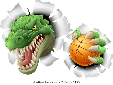 A crocodile, dinosaur or alligator lizard sports mascot holding a basketball ball