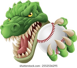 A crocodile, dinosaur or alligator lizard sports mascot holding a baseball ball 