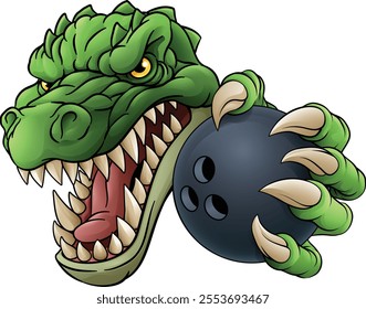 A crocodile, dinosaur or alligator lizard sports mascot holding a bowling ball