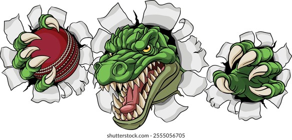 A crocodile, dinosaur or alligator lizard sports mascot holding a cricket ball