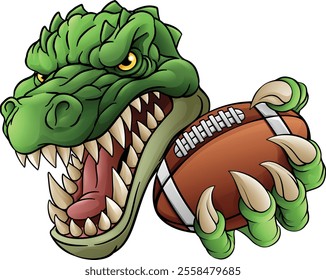 A crocodile, dinosaur or alligator lizard sports mascot holding an American football ball