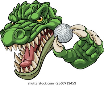 A crocodile, dinosaur or alligator lizard sports mascot holding a golf ball