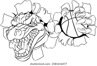 A crocodile, dinosaur or alligator lizard sports mascot holding a basketball ball