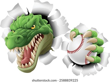 A crocodile, dinosaur or alligator lizard sports mascot holding a baseball ball 