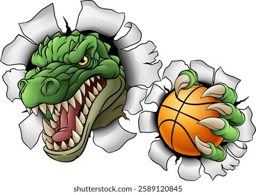 A crocodile, dinosaur or alligator lizard sports mascot holding a basketball ball