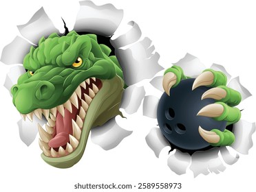 A crocodile, dinosaur or alligator lizard sports mascot holding a bowling ball