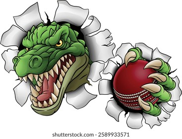 A crocodile, dinosaur or alligator lizard sports mascot holding a cricket ball