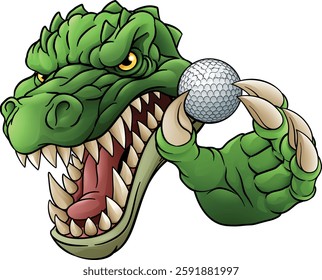 A crocodile, dinosaur or alligator lizard sports mascot holding a golf ball