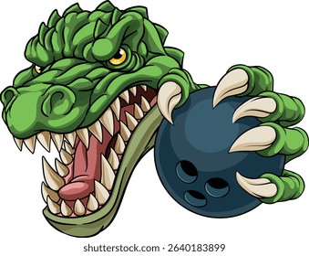 A crocodile, dinosaur or alligator lizard sports mascot holding a bowling ball