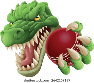 A crocodile, dinosaur or alligator lizard sports mascot holding a cricket ball