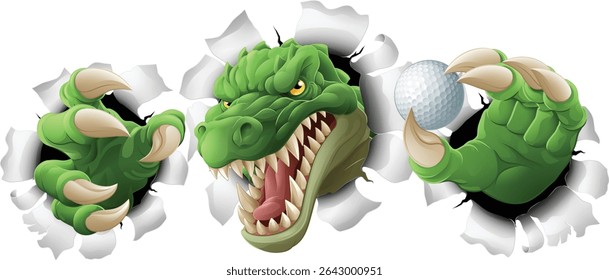 A crocodile, dinosaur or alligator lizard sports mascot holding a golf ball