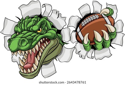 A crocodile, dinosaur or alligator lizard sports mascot holding an American football ball