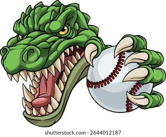 A crocodile, dinosaur or alligator lizard sports mascot holding a baseball ball 