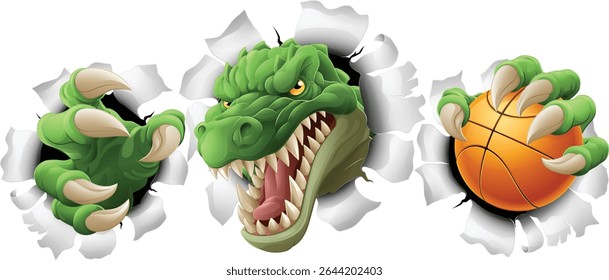 A crocodile, dinosaur or alligator lizard sports mascot holding a basketball ball