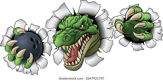 A crocodile, dinosaur or alligator lizard sports mascot holding a bowling ball