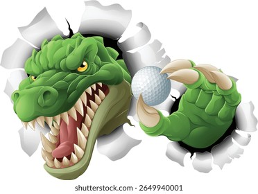 A crocodile, dinosaur or alligator lizard sports mascot holding a golf ball