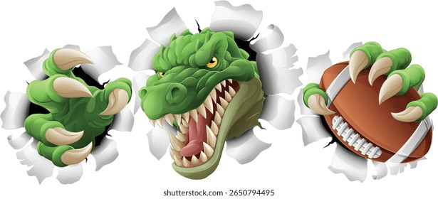 Um crocodilo, dinossauro ou jacaré lagarto esporte mascote segurando uma bola de futebol americano