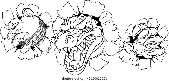 Um crocodilo, dinossauro ou jacaré lagarto esporte mascote segurando uma bola de críquete