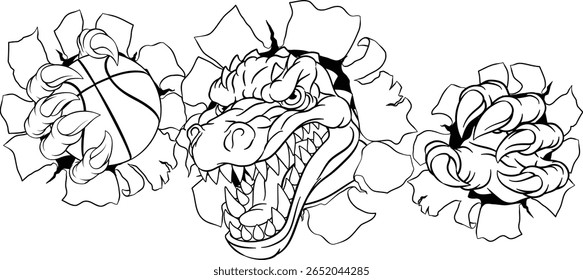 A crocodile, dinosaur or alligator lizard sports mascot holding a basketball ball