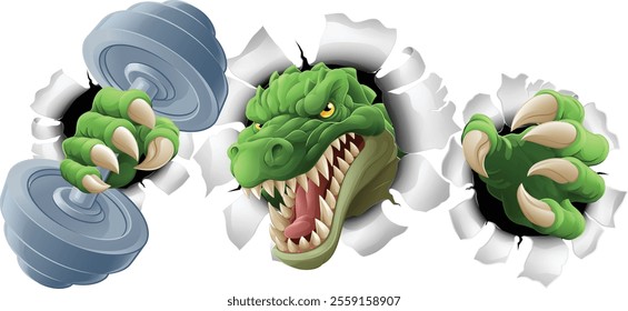 A crocodile, dinosaur or alligator lizard weight lifting trainer, exercise or body building gym cartoon sports mascot holding weights dumbbell