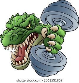 A crocodile, dinosaur or alligator lizard weight lifting trainer, exercise or body building gym cartoon sports mascot holding weights dumbbell