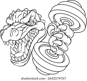 A crocodile, dinosaur or alligator lizard weight lifting trainer, exercise or body building gym cartoon sports mascot holding weights dumbbell